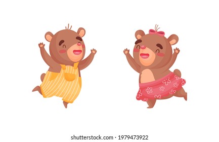 Cute Bear Gir and Boy Jumping with Joy Vector Set