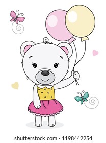 Cute bear girl with balloons. vector isolated