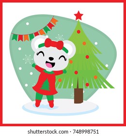 Cute bear girl besides Xmas tree vector cartoon illustration for Christmas card design, wallpaper and greeting card 