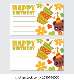 Cute bear girl and birthday elements vector cartoon illustration for happy birthday card design, postcard, and wallpaper