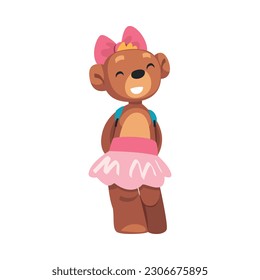 Cute bear girl character in fashionable outfit. Cool wild animal wearing pink skirt standing with backpack. T-shirt, print, poster, sticker design cartoon vector illustration