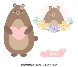Cute bear girl character vector set. Funny animal with heart and floral elements. Design elements for poster, banner, card, sticker, t-shirt 
