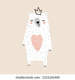 Cute  bear girl with a crown on her head. White cartoon bear great for apparel prints, poster, cards. Vecto illustration