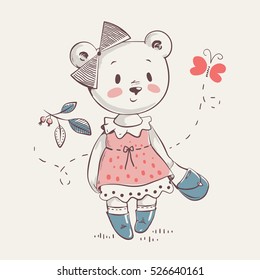 Cute bear girl in dress cartoon hand drawn vector illustration. Can be used for t-shirt print, kids wear fashion design, baby shower invitation card.