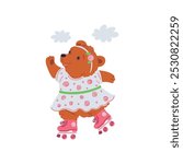 Cute bear girl in dress and pink roller skates, practicing outdoors, dancing. Happy character. Funny animal. Cartoon style. Poster, card. Hand drawn. Vector illustration isolated on white background.