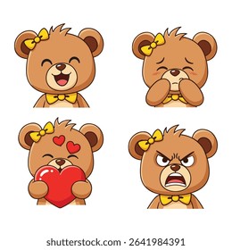 Cute Bear Girl Emotions Set, Adorable Character Expressions featuring a charming brown bear character with a yellow bow, displaying a range of distinct emotions.