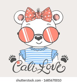 Cute bear girl face with sunglasses, footprint. Cali Love slogan. Illustration for t-shirt prints, posters and other uses.