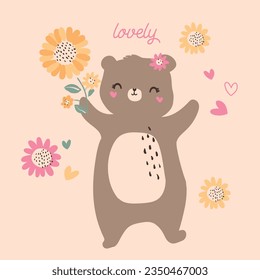 Cute bear girl bear family sunflower design for kids market as vector
