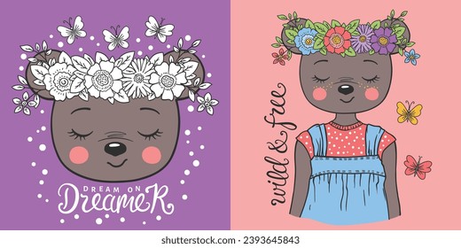 Cute bear girl with floral wreath, butterfly for t-shirt graphics, fashion prints, posters and other uses