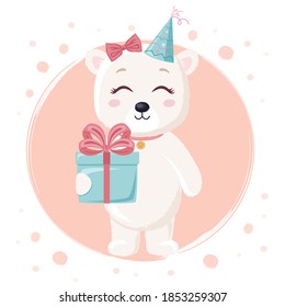 Cute bear girl with gift box and birthday hat on peach background. Celebrate, Happy Birthday, party, greeting card.