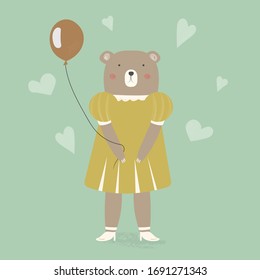 Cute bear girl in modern clothes and with balloon in hands. Hand drawn vector cartoon illustration. Can be used for t-shirt print, kids wear fashion design, baby shower invitation card greeting card