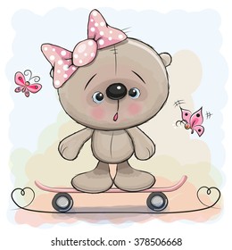 Cute Bear Girl on a skateboard and butterflies
