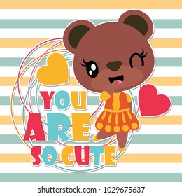 Cute bear girl on striped background vector cartoon illustration for Kid t-shirt background design, postcard, and wallpaper