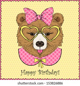 Cute Bear Girl Portrait, Happy Birthday Greeting Card