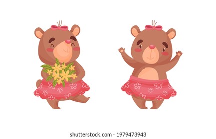 Cute Bear Girl in Skirt Holding Bunch of Flowers and Waving Paws Vector Set