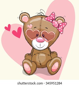 Cute bear girl in sunglasses on a heart background