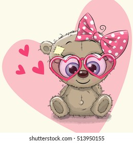 Cute bear girl in sunglasses on a heart background