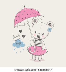 Cute bear girl with umbrella, cartoon hand drawn vector illustration. Can be used for t-shirt print, kids wear fashion design, baby shower invitation card.