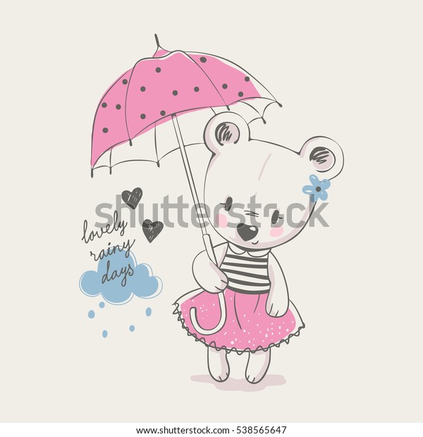 傘を持つかわいい熊の女の子 漫画の手描きのベクターイラスト Tシャツのプリントにも使えるし 子どもはファッションデザイン ベビーシャワー招待状を着る のベクター画像素材 ロイヤリティフリー