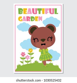 Cute bear girls on flower garden vector cartoon illustration for kid book cover design, stationery and planner sticker