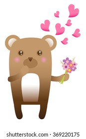 Cute bear give bouquet on Valentines day with white background.