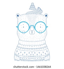 Cute bear with glasses and hat. Illustration for posters and cards. Vector illustration.