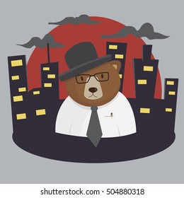 Cute bear with glasses and hat in office uniform with building background; vector design for business concept.