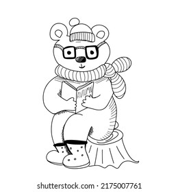 Cute bear in glasses, scarf, hat, rubber boots with books in hand. Doodle vector illustration. Autumn coloring page, print for kids 