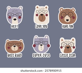 Cute bear with glasses set. Animals and lettering illustration with sticker outline. Forest wildlife bears hand drawn bears hand drawn vector illustration set.