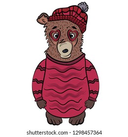 Cute bear in glasses in shape of heart and in burgundy beret, in a long crimson sweater. Fashion. Cartoon illustration 