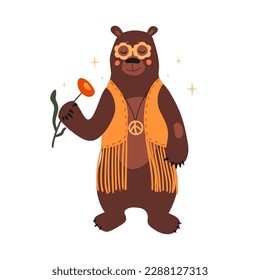 A cute bear in glasses in the style of the 70s. Animal in a yellow vest is holding a flower. Idea for print, postcard, poster, t-shirt. Vector illustration in hand drawn isolated on white