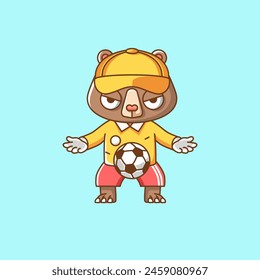 Cute bear goalkeeper soccer player animal kawaii chibi character mascot illustration outline style design set