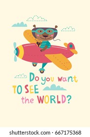 Cute bear is going by airplane. Vector illustration on a yellow background. 