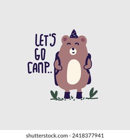 Cute bear going camping vector illustration for fabric, textile and print