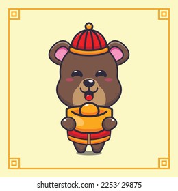 Cute bear with gold ingot in chinese new year. Vector cartoon Illustration suitable for poster, brochure, web, mascot, sticker, logo and icon.