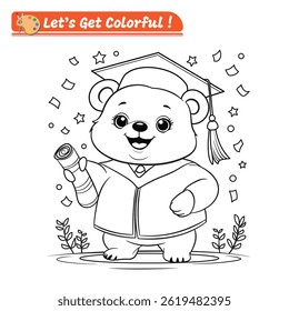 Página de coloração de formatura de urso bonito para crianças. Urso adorável em boné e vestido segurando diploma, perfeito para a criatividade das crianças, comemorações de aprendizagem e atividades escolares divertidas