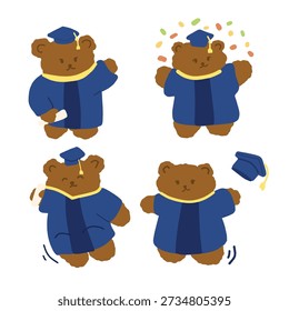 Cute Bear Graduation Vector Doodle Set with Cap and Diploma, Hand Drawn Cartoon Bear Illustration for Education and Celebration