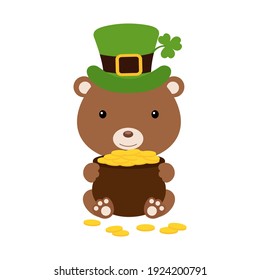 Cute bear in green leprechaun hat with clover holds bowler with gold coins. Cartoon sweet animal. Vector St. Patrick's Day illustration on white background. Irish holiday folklore theme.