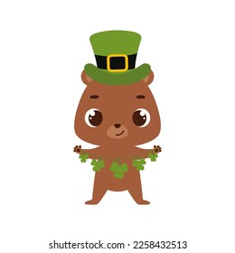 Cute bear in green leprechaun hat with clover. Irish holiday folklore theme. Cartoon design for cards, decor, shirt, invitation. Vector stock illustration.