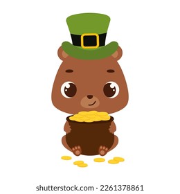 Cute bear in green leprechaun hat holds bowler with gold coins. Irish holiday folklore theme. Cartoon design for cards, decor, shirt, invitation. Vector stock illustration.