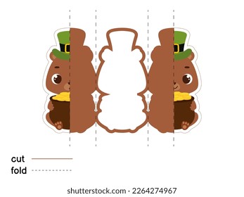 Cute bear in green leprechaun hat holds bowler with gold coins. Irish holiday folklore theme. Fold long greeting card template. Printable color scheme. Print, cut out, fold. Vector illustration.