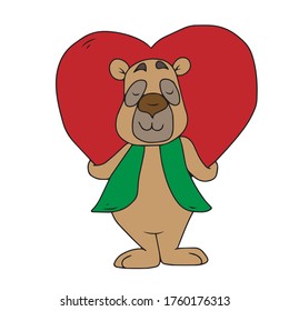A cute bear in a green vest is holding a big heart behind his back. Hand-drawn children's, cartoon, vector illustrations isolated on a white background.