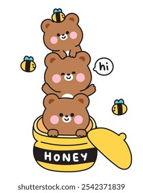 Saludo lindo del oso y estancia en el tarro de miel grande. Bee. Teddy. Diseño de dibujos animados de personajes de animales salvajes. Imagen para tarjeta, pegatina, ropa de bebé. Kawaii. Vector. Ilustración.