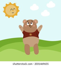 Cute bear greeting sunny day. Vector illustration