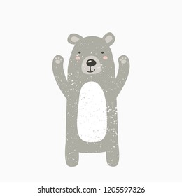 Cute bear of grey color with the texture. Vector illustration for printing on packaging, clothing, postcards, textiles. Children's design