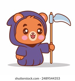 Cute Bear Grim Reaper Cartoon Vector Icon Illustration. Animal Holiday Icon Concept Isolated Premium Vector. Flat Cartoon Style