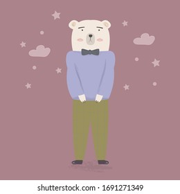 Cute bear guy in modern clothes. Hand drawn vector cartoon illustration. Can be used for t-shirt print, kids wear fashion design, baby shower invitation card greeting card. Kids illustration