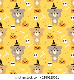 Cute Bear and Halloween Pumpkins Seamless Pattern