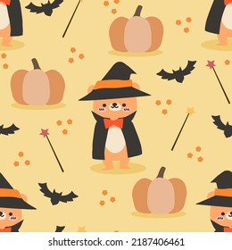 Cute Bear in Halloween Witch Costume Seamless Pattern