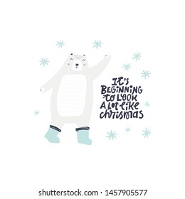 Cute bear hand drawn flat color illustration. Christmas black lettering. Funny woodland animal in boots isolated cartoon character. Winter holidays sketch drawing. Xmas greeting card, poster design